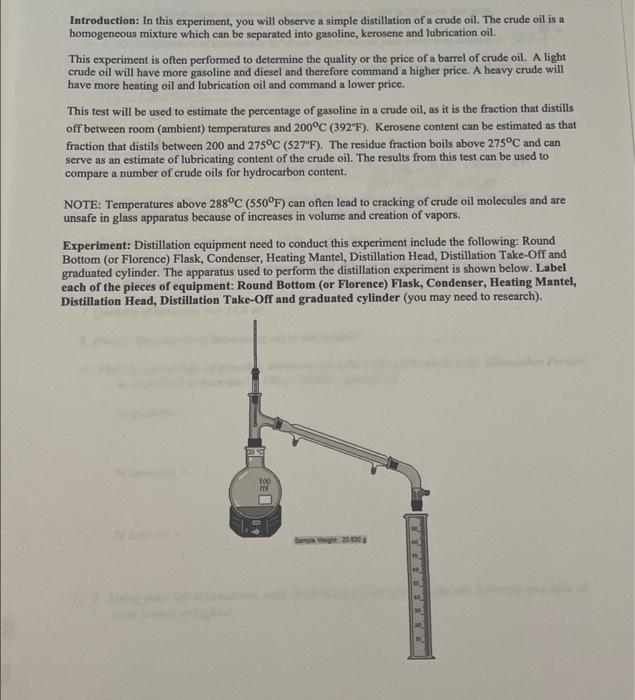 Introduction In This Experiment You Will Observe A Simple Distillation Of A Crude Oil The Crude Oil Is A Bomogeneous 1