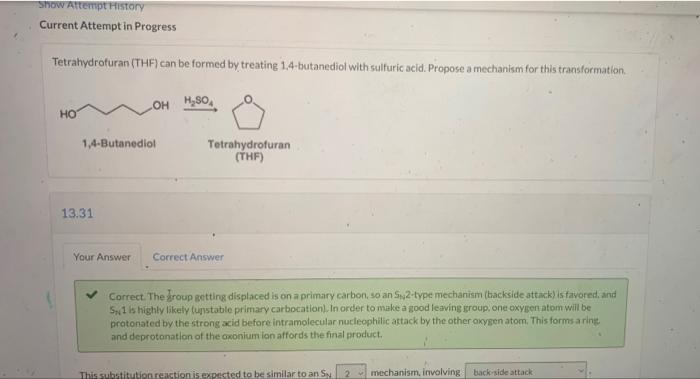 Show Attempt History Current Attempt In Progress Tetrahydrofuran Thf Can Be Formed By Treating 1 4 Butanediol With Sul 1