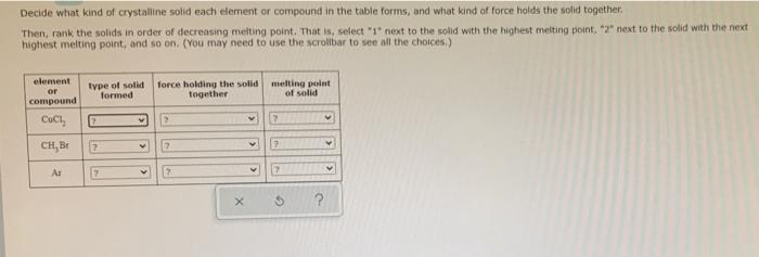 Decide What Kind Of Crystalline Solid Each Element Or Compound In The Table Forms And What Kind Of Force Holds The Soli 1