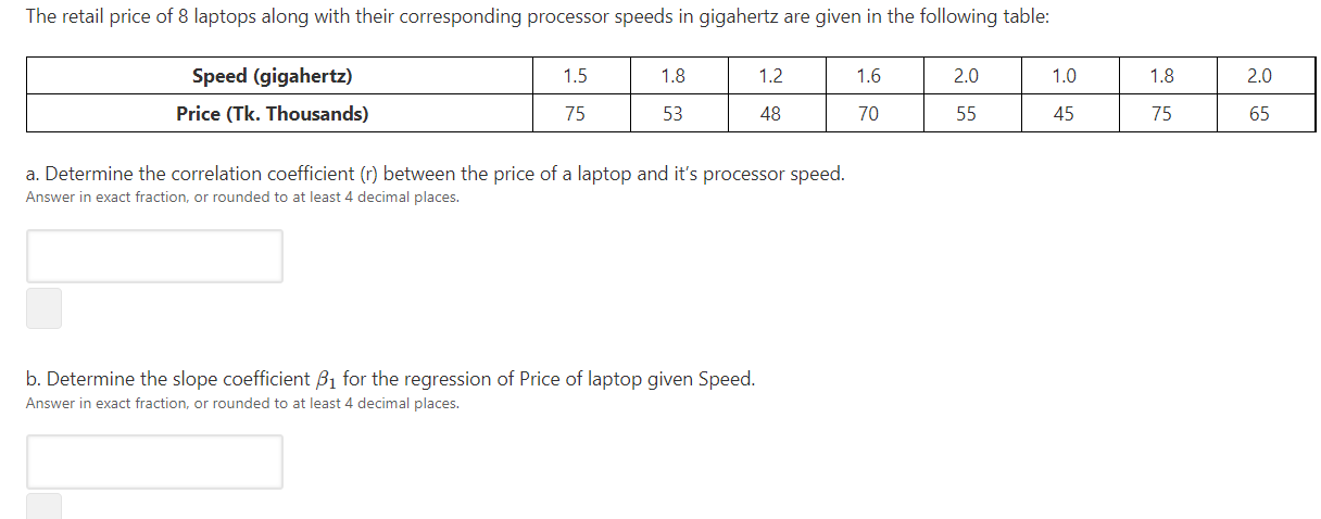 The Retail Price Of 8 Laptops Along With Their Corresponding Processor Speeds In Gigahertz Are Given In The Following Ta 1