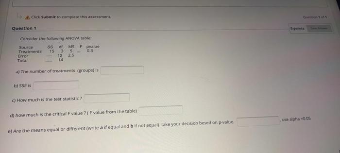 Click Submit To Complete This Assessment Out Question 1 Consider The Following Anova Table Source Ssdf Ms Fpvalue Treat 1