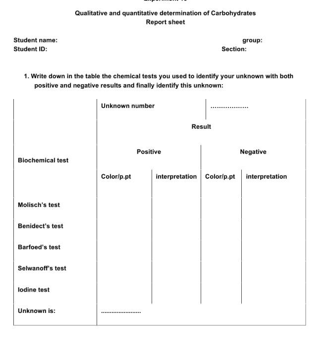 Qualitative And Quantitative Determination Of Carbohydrates Report Sheet Student Name Student Id Group Section 1 Wr 1