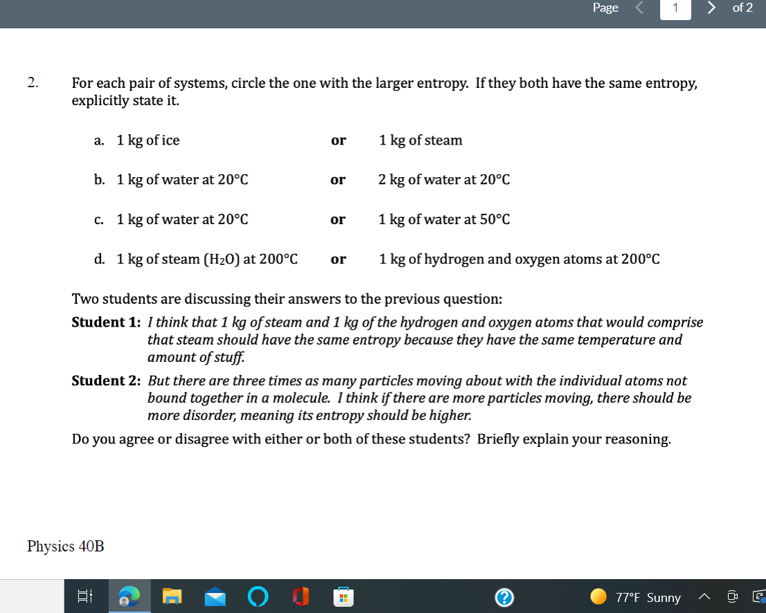 Page 1 Of 2 2 For Each Pair Of Systems Circle The One With The Larger Entropy If They Both Have The Same Entropy Exp 1