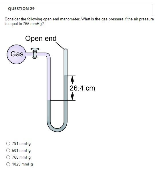 Question 29 Consider The Following Open End Manometer What Is The Gas Pressure If The Air Pressure Is Equal To 765 Mmhg 1