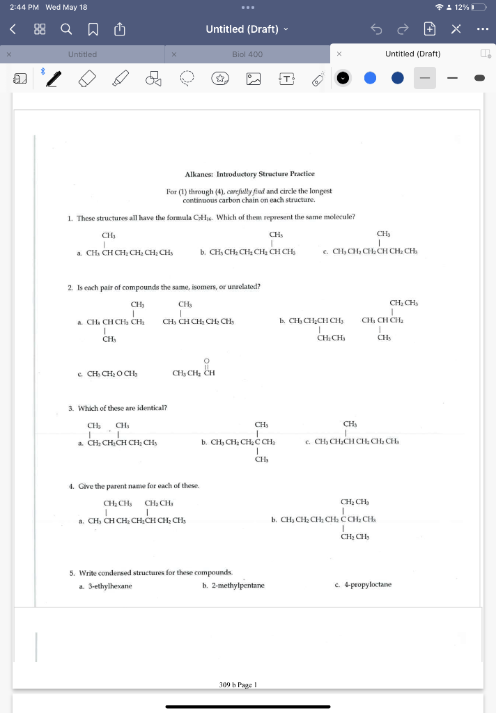 2 44 Pm Wed May 18 12 A 8 Q O Untitled Draft X Untitled Biol 400 Untitled Draft If Alkanes Introductory Struct 1
