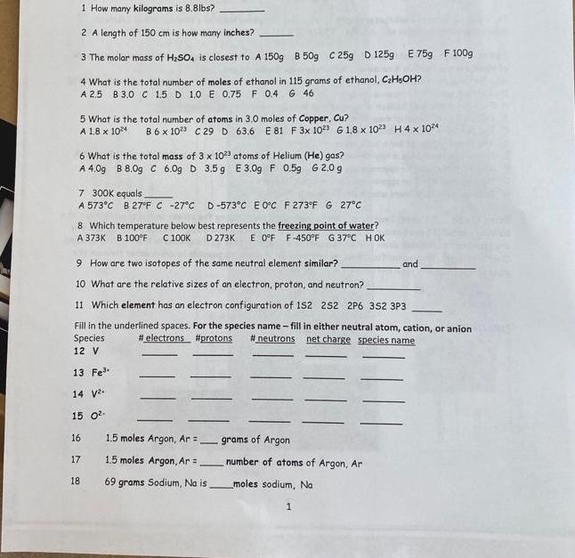 1 How Many Kilograms Is 8 8lbs 2 A Length Of 150 Cm Is How Many Inches 3 The Molar Mass Of H So4 Is Closest To A 150g 1