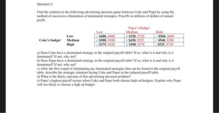 Question 2 Find The Solution To The Following Advertising Decision Game Between Code And Pepsi By Using The Method Of S 1