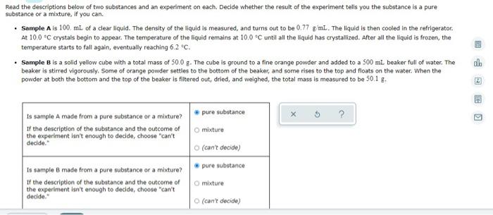 Read The Descriptions Below Of Two Substances And An Experiment On Each Decide Whether The Result Of The Experiment Tel 1
