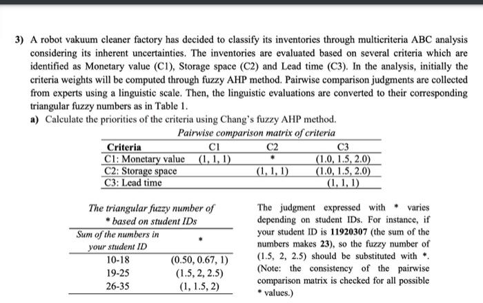 3 A Robot Vakuum Cleaner Factory Has Decided To Classify Its Inventories Through Multicriteria Abc Analysis Considering 1