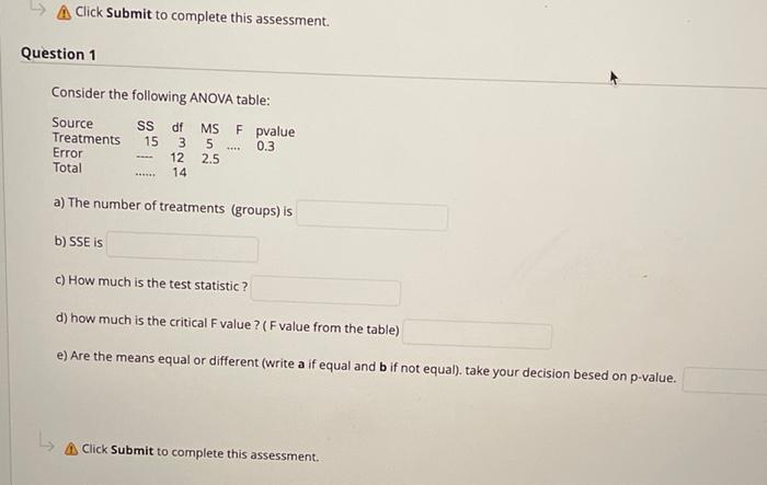 Click Submit To Complete This Assessment Question 1 Consider The Following Anova Table Source Ss Df Ms F Pvalue Tr 1