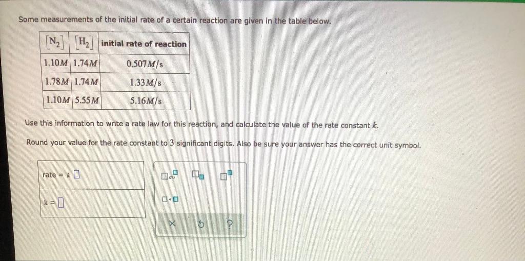 Some Measurements Of The Initial Rate Of A Certain Reaction Are Given In The Table Below N H Initial Rate Of React 1