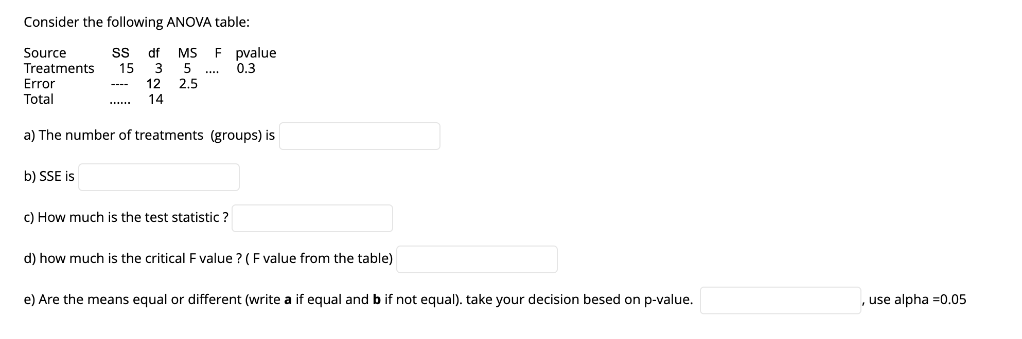 Consider The Following Anova Table Df Ss 15 Source Treatments Error Total 532 Ms 5 2 5 Fpvalue 0 3 14 A The Numbe 1