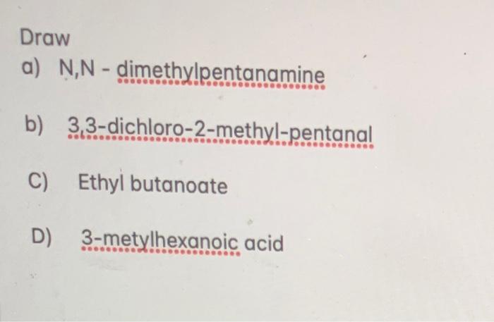 Draw A N N Dimethylpentanamine Pubeco B 3 3 Dichloro 2 Methyl Pentanal C Ethyl Butanoate D 3 Metylhexanoic Acid Nam 1
