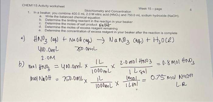 Chem115 Activity Worksheet Week 15 Page Stoichiometry And Concentration 1 In A Beaker You Combine 400 0 Ml 2 0 M Nitri 1