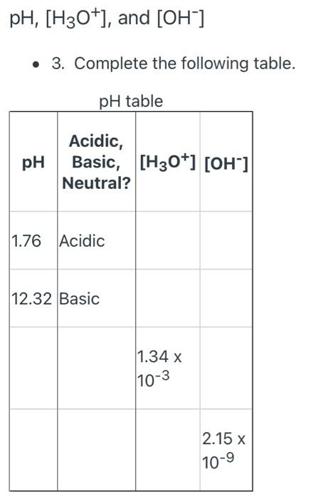 Ph H3o And Oh 3 Complete The Following Table Ph Table Ph Acidic Basic H30 Oh Neutral 1 76 Acidic 12 1