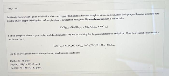 Today S Lab In This Activity You Will Be Given A Vial With A Mixture Of Copper Ii Chloride And Sodium Phosphate Triba 1