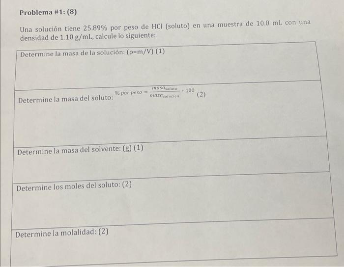 Problema 1 8 Una Solucion Tiene 25 89 Por Peso De Hcl Soluto En Una Muestra De 10 0 Ml Con Una Densidad De 1 10 G 1
