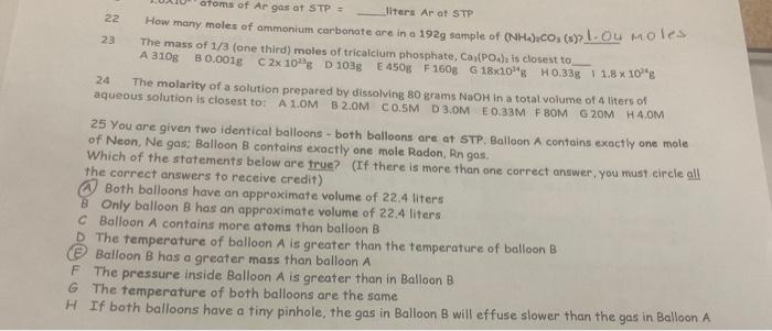 22 Atoms Of Ar Gas At Stp Liters Ar At Stp How Many Moles Of Ammonium Carbonate Are In A 192g Sample Of Nh Co A I 1