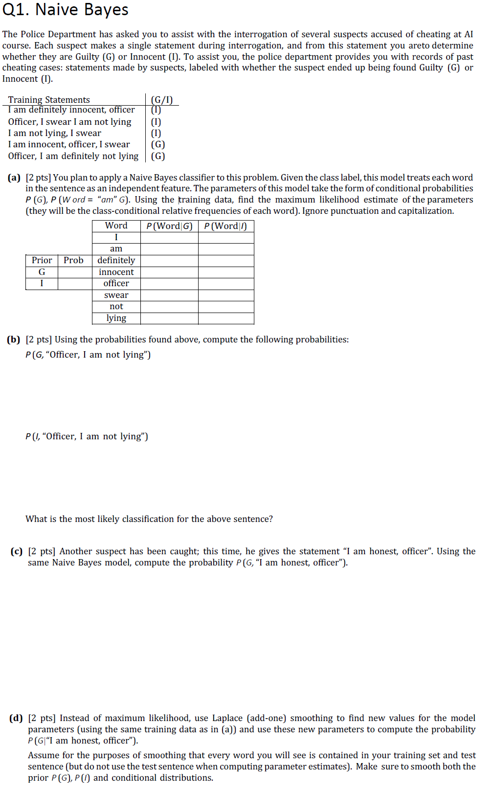 Q1 Naive Bayes The Police Department Has Asked You To Assist With The Interrogation Of Several Suspects Accused Of Chea 1