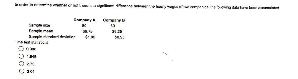 In Order To Determine Whether Or Not There Is A Significant Difference Between The Hourly Wages Of Two Companies The Fo 1