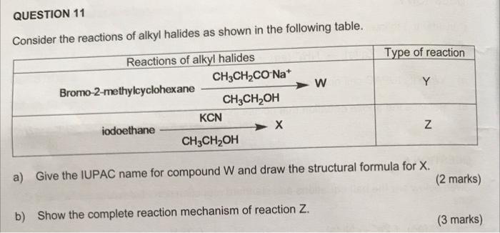 Question 11 Consider The Reactions Of Alkyl Halides As Shown In The Following Table Reactions Of Alkyl Halides Type Of 1