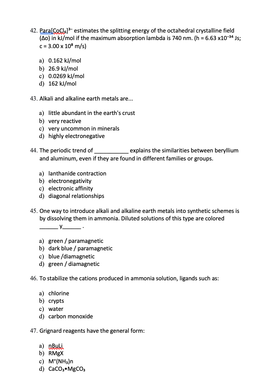 42 Para Cocl Estimates The Splitting Energy Of The Octahedral Crystalline Field Ao In Kj Mol If The Maximum Absorp 1