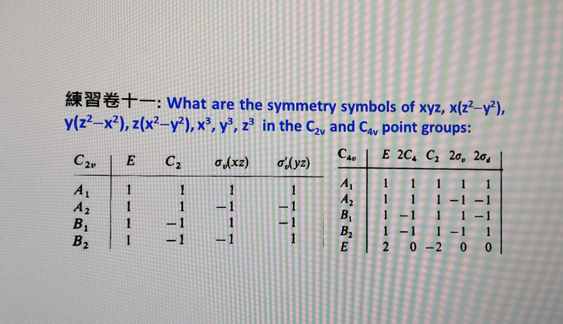 What Are The Symmetry Symbols Of Xyz X Z Y Y Z X Z X Y X Y Z In The C And C4 Point Groups Cau E 2 1