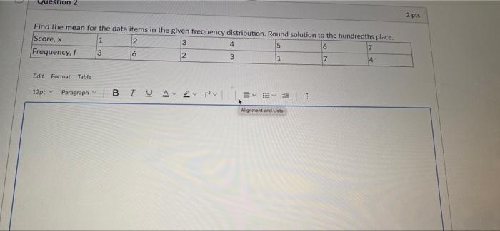 Question 2 2 Pts Find The Mean For The Data Items In The Given Frequency Distribution Round Solution To The Hundredths 1