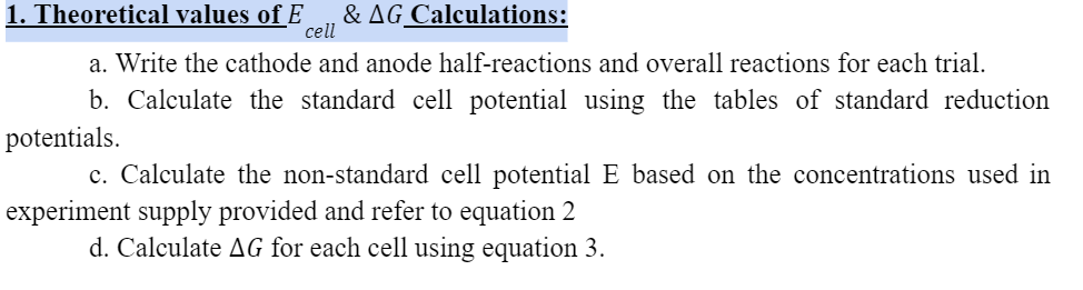 1 Theoretical Values Of E Ag Calculations Cell A Write The Cathode And Anode Half Reactions And Overall Reactions F 1