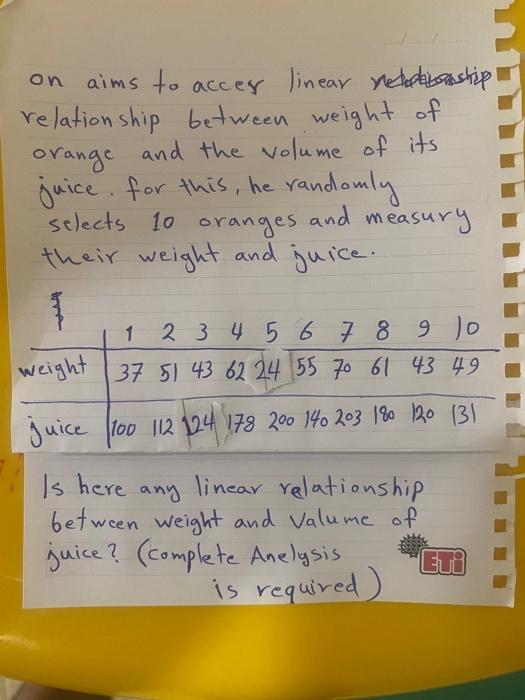 On Aims To Acces Linear Rethiastip Relationship Between Weight Of Orange And The Volume Of Its Juice For This He Random 1