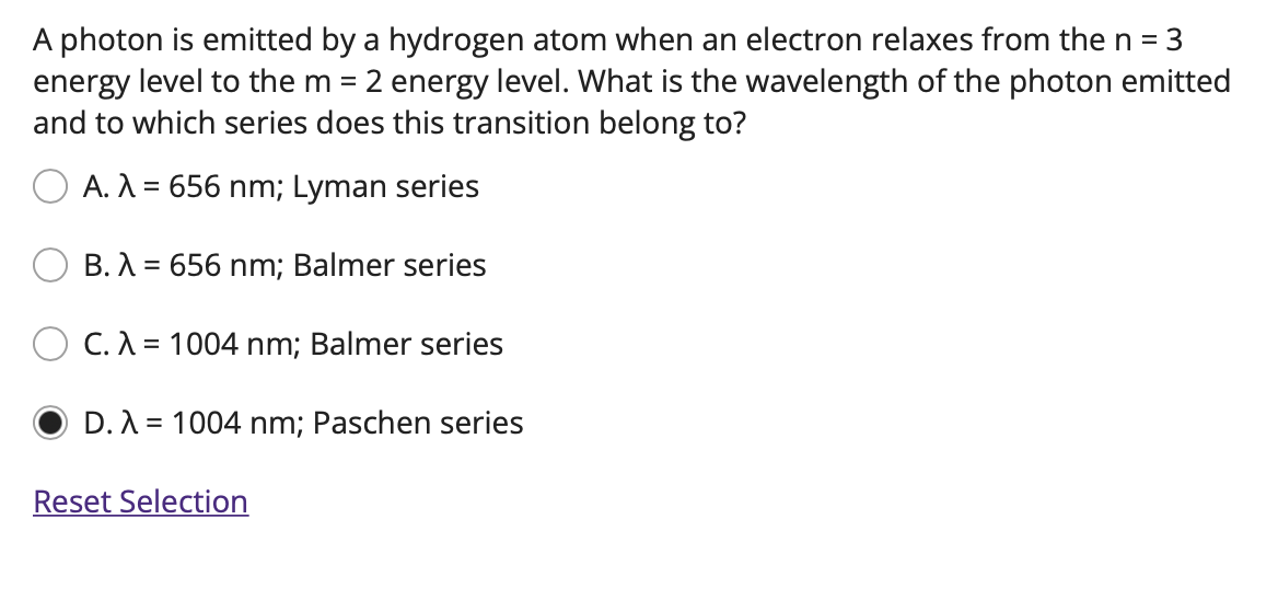A Photon Is Emitted By A Hydrogen Atom When An Electron Relaxes From The N 3 Energy Level To The M 2 Energy Level 1