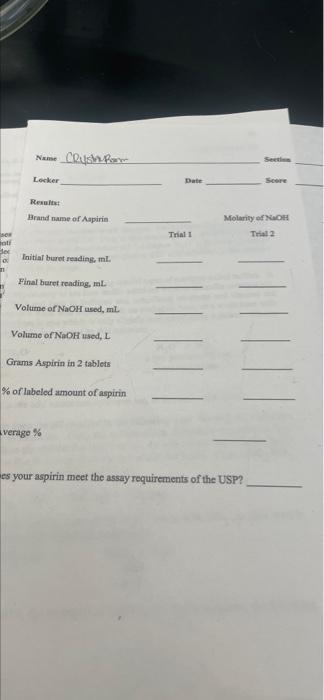 Name Rush Rom Locker Results Brand Name Of Aspirin Initial Buret Reading Ml Final Buret Reading Ml Volume Of Naoh Us 1