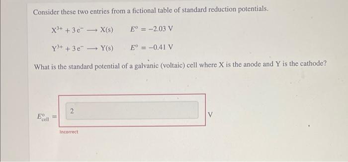 Consider These Two Entries From A Fictional Table Of Standard Reduction Potentials X 3e X S Eo 2 03 V Y 3 1