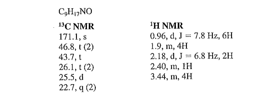 C H No 13c Nmr 171 1 S 46 8 T 2 43 7 T 26 1 T 2 25 5 D 22 7 Q 2 H Nmr 0 96 D J 7 8 Hz 6h 1 9 M 4h 2 1