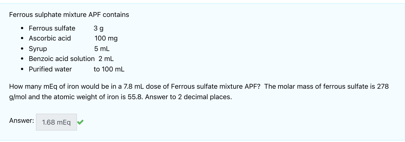 Ferrous Sulphate Mixture Apf Contains Ferrous Sulfate 3 G Ascorbic Acid 100 Mg 5 Ml Syrup Benzoic Acid Solution 1