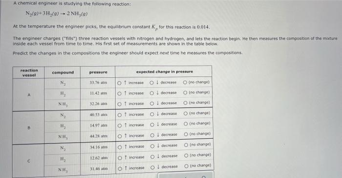 A Chemical Engineer Is Studying The Following Reaction N G 3h G 2 Nh 9 At The Temperature The Engineer Picks 1