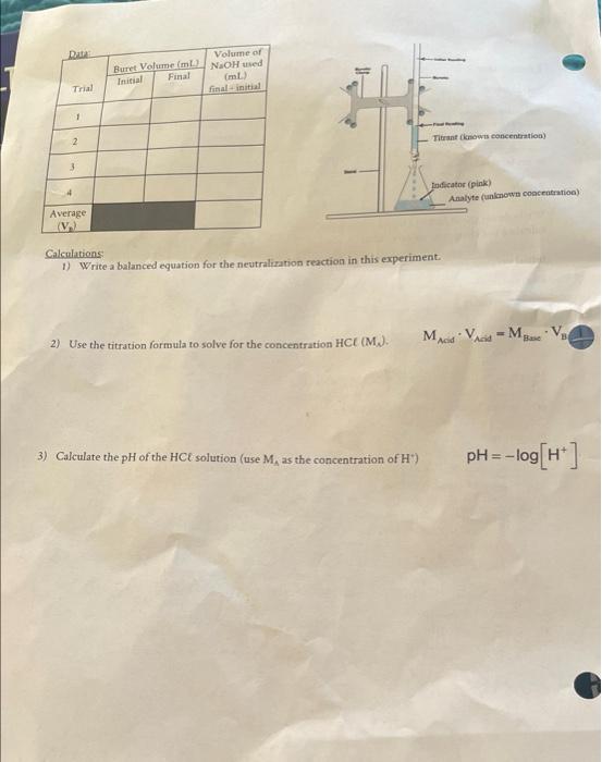Data Trial 1 Volume Of Naoh Used Ml Final Initial 3 Average V Calculations 1 Write A Balanced Equation For The Neu 1
