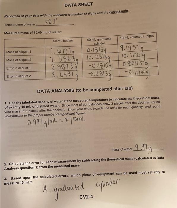 Data Sheet Record All Of Your Data With The Appropriate Number Of Digits And The Correct Units Temperature Of Water 22 1
