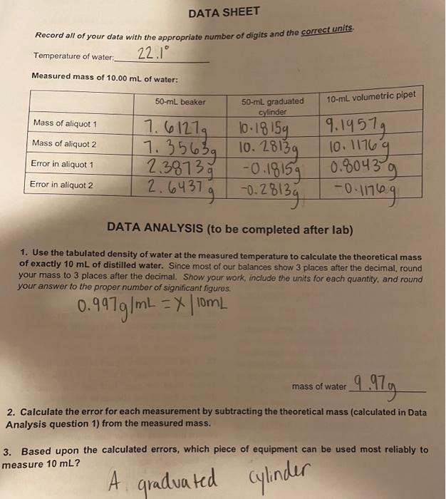 Data Sheet Record All Of Your Data With The Appropriate Number Of Digits And The Correct Units Temperature Of Water 22 6