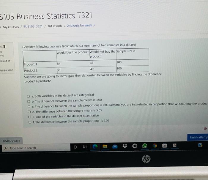 5105 Business Statistics T321 My Courses Bus105 0321 3rd Lesson 2nd Quiz For Week 3 On 8 Et Red Consider Followin 1