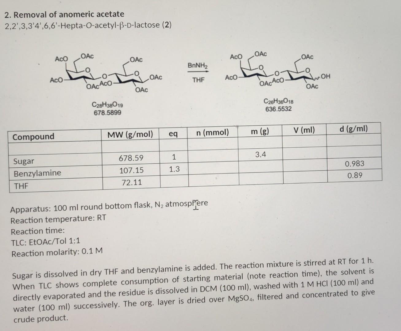 2 Removal Of Anomeric Acetate 2 2 3 3 4 6 6 Hepta O Acetyl B D Lactose 2 Oac Aco Oac Aco Oacaco Oac C28h38019 678 1