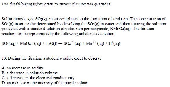 Use The Following Information To Answer The Next Two Questions Sulfur Dioxide Gas So G In Air Contributes To The Fo 1