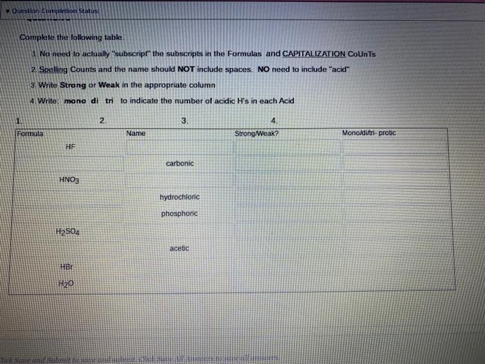 Question Completion Status Complete The Following Table 1 No Need To Actually Subscript The Subscripts In The Formu 1