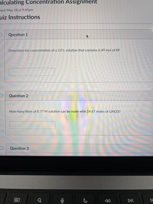 Question 3 2 Pts What Would Be The Concentration Of The Resultant Solution If 48 578 Grams Of Kf Is Used To Make 372 3 M 2