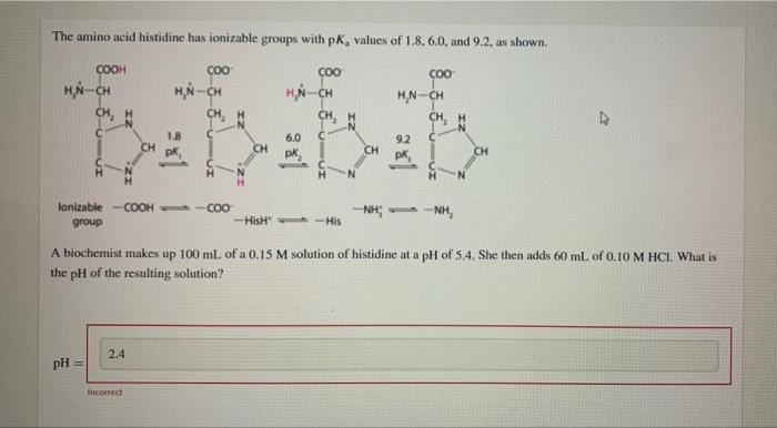 The Amino Acid Histidine Has Ionizable Groups With Pk Values Of 1 8 6 0 And 9 2 As Shown Cooh Coo Coo Coo H N Ch H 1
