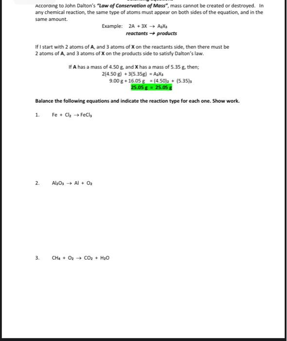 According To John Dalton S Law Of Conservation Of Mass Mass Cannot Be Created Or Destroyed In Any Chemical Reaction 1