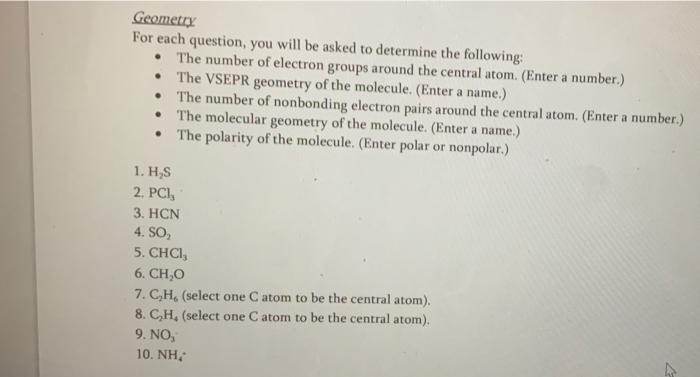 Geometry For Each Question You Will Be Asked To Determine The Following The Number Of Electron Groups Around The Cen 1