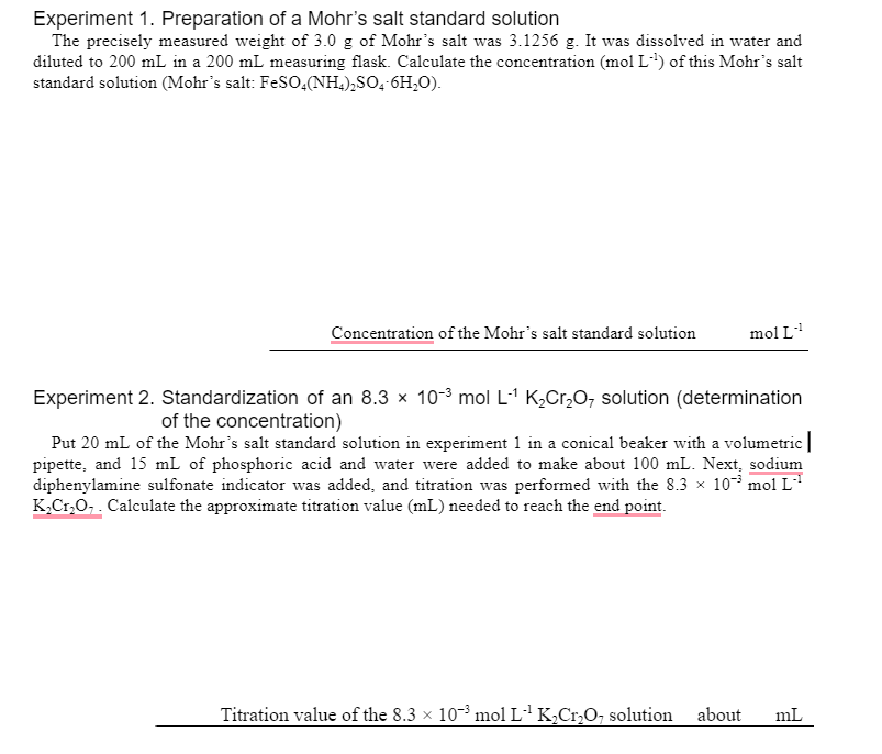 Experiment 1 Preparation Of A Mohr S Salt Standard Solution The Precisely Measured Weight Of 3 0 G Of Mohr S Salt Was 3 1
