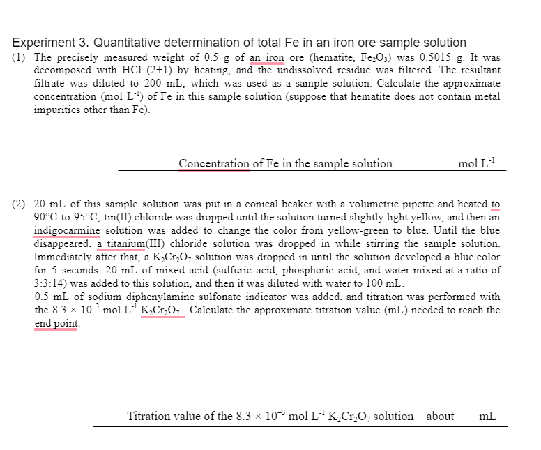 Experiment 3 Quantitative Determination Of Total Fe In An Iron Ore Sample Solution 1 The Precisely Measured Weight Of 1