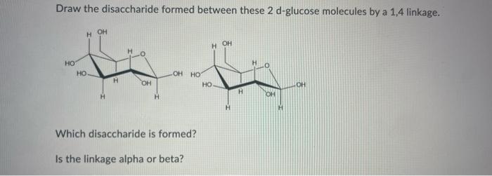 Draw The Disaccharide Formed Between These 2 D Glucose Molecules By A 1 4 Linkage Oh Hoh Hot Ho Loh Ho H Oh Ho Oh Which 1